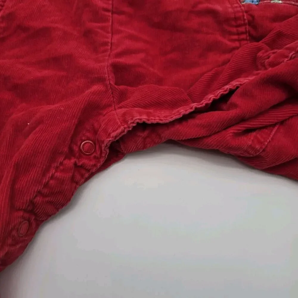 OshKosh Overalls Red Corduroy Baby 24 Months Bear Plaid Snap Button Vintage Rare
